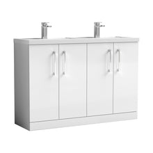 Nuie Arno 1200mm Floor Standing 4 Door Vanity & Double Basin 1 Contemporary Gloss White MFC Painted Gloss 840x1205x383mm - JJ Building Materials