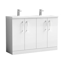Nuie Arno 1200mm Floor Standing 4 Door Vanity & Double Basin 2 Contemporary Gloss White MFC Painted Gloss 840x1205x383mm - JJ Building Materials