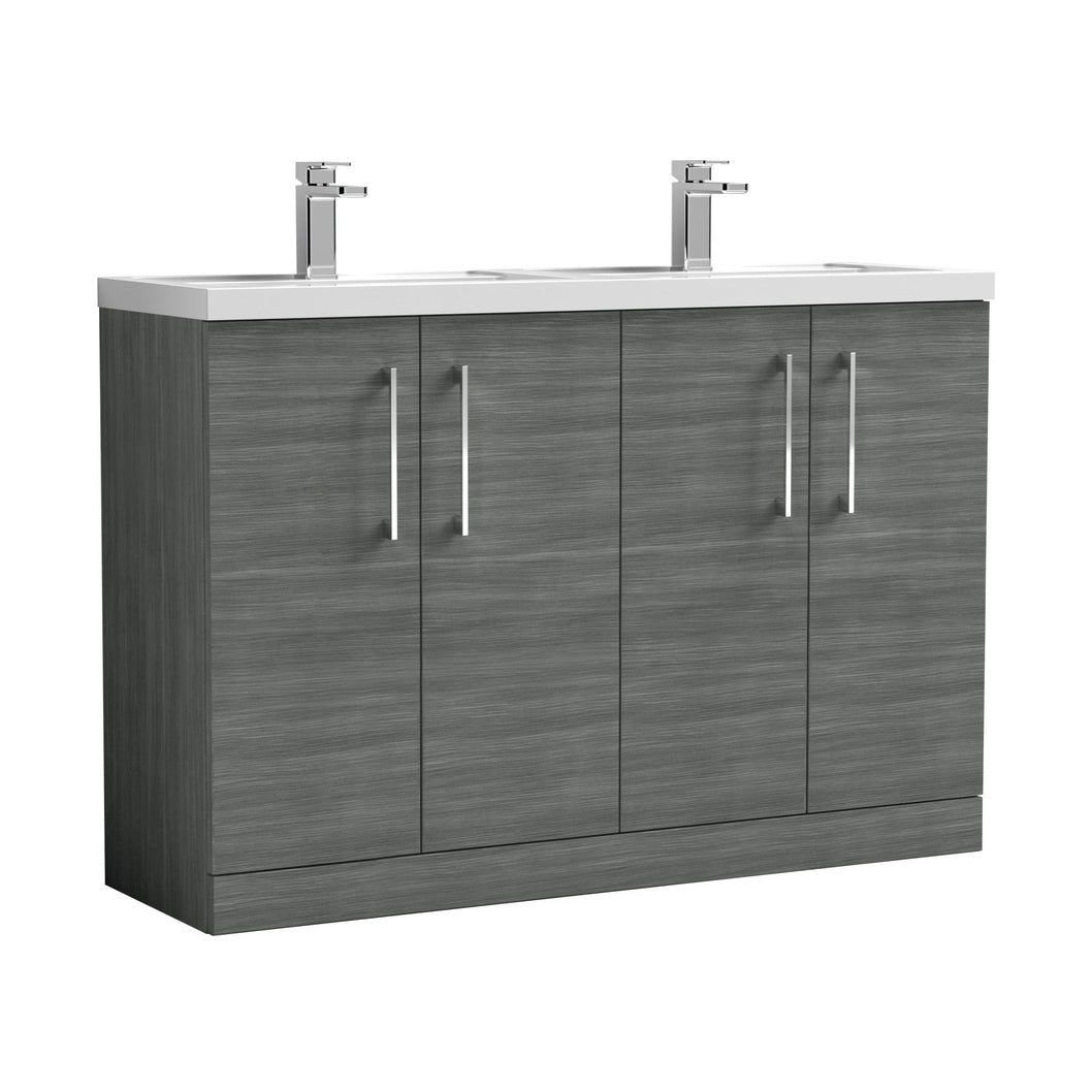 Nuie Arno 1200mm Floor Standing 4 Door Vanity & Double Basin Contemporary Anthracite Woodgrain MFC Textured Woodgrain 840x1205x383mm - ARN503C - JJ Building Materials