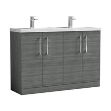 Nuie Arno 1200mm Floor Standing 4 Door Vanity & Double Basin Contemporary Anthracite Woodgrain MFC Textured Woodgrain 840x1205x383mm - ARN503C - JJ Building Materials