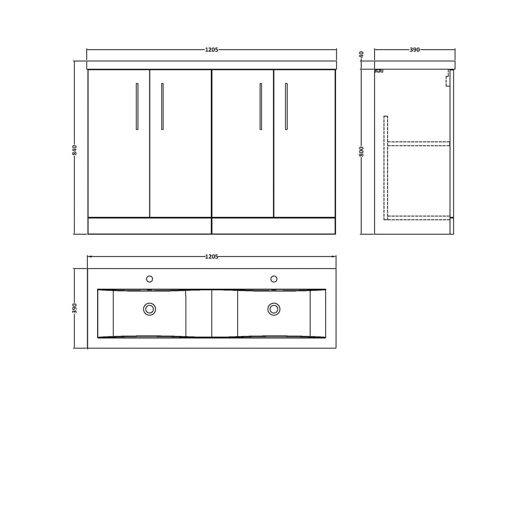 Nuie Arno 1200mm Floor Standing 4 Door Vanity & Double Basin Contemporary Anthracite Woodgrain MFC Textured Woodgrain 840x1205x383mm - ARN503F - JJ Building Materials