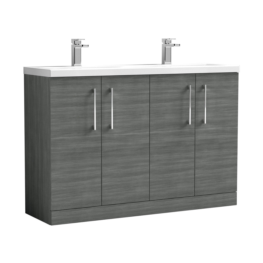 Nuie Arno 1200mm Floor Standing 4 Door Vanity & Double Basin Contemporary Anthracite Woodgrain MFC Textured Woodgrain 840x1205x383mm - ARN503F - JJ Building Materials