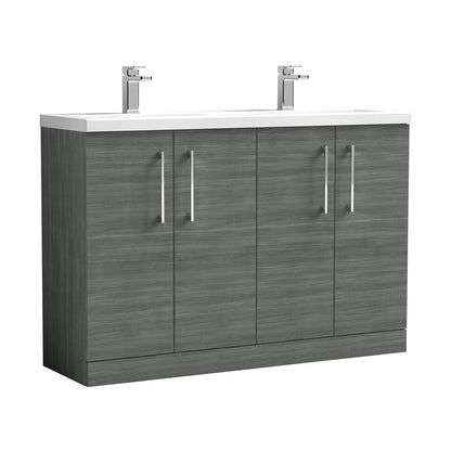 Nuie Arno 1200mm Floor Standing 4 Door Vanity & Double Basin Contemporary Anthracite Woodgrain MFC Textured Woodgrain 840x1205x383mm - ARN503F - JJ Building Materials