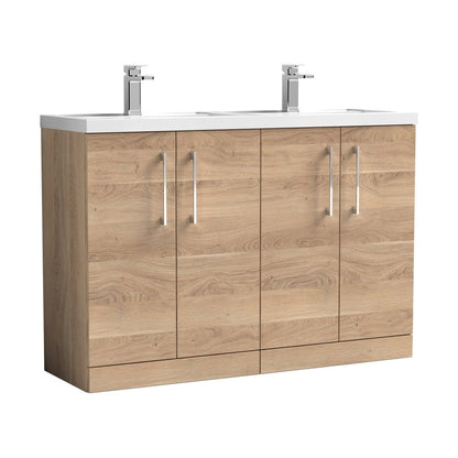 Nuie Arno 1200mm Floor Standing 4-door Vanity & Double Basin Contemporary Bleached Oak MFC Textured Woodgrain 840x1205x383mm - ARN3003C - JJ Building Materials