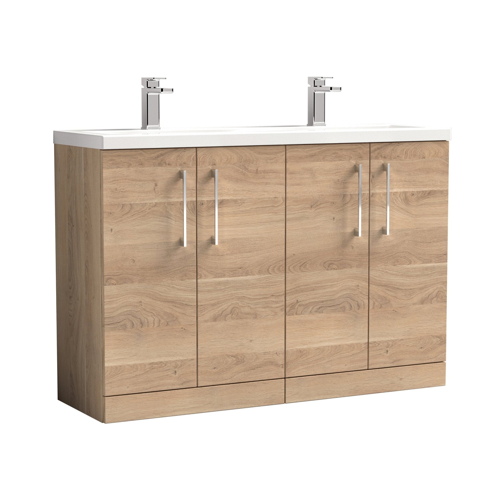 Nuie Arno 1200mm Floor Standing 4-door Vanity & Double Basin Contemporary Bleached Oak MFC Textured Woodgrain 840x1205x383mm - ARN3003F - JJ Building Materials