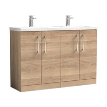 Nuie Arno 1200mm Floor Standing 4-door Vanity & Double Basin Contemporary Bleached Oak MFC Textured Woodgrain 840x1205x383mm - ARN3003F - JJ Building Materials