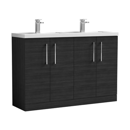 Nuie Arno 1200mm Floor Standing 4 Door Vanity & Double Basin Contemporary Charcoal Black MFC Textured Woodgrain 840x1205x383mm - ARN603C - JJ Building Materials