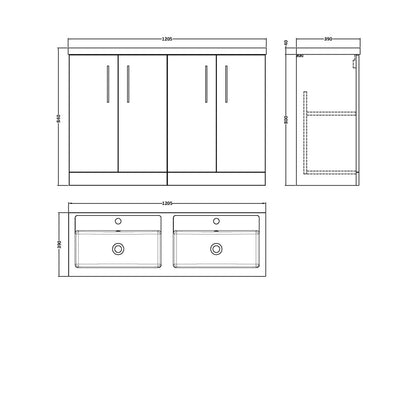 Nuie Arno 1200mm Floor Standing 4 Door Vanity & Double Basin Contemporary Charcoal Black MFC Textured Woodgrain 840x1205x383mm - ARN603C - JJ Building Materials