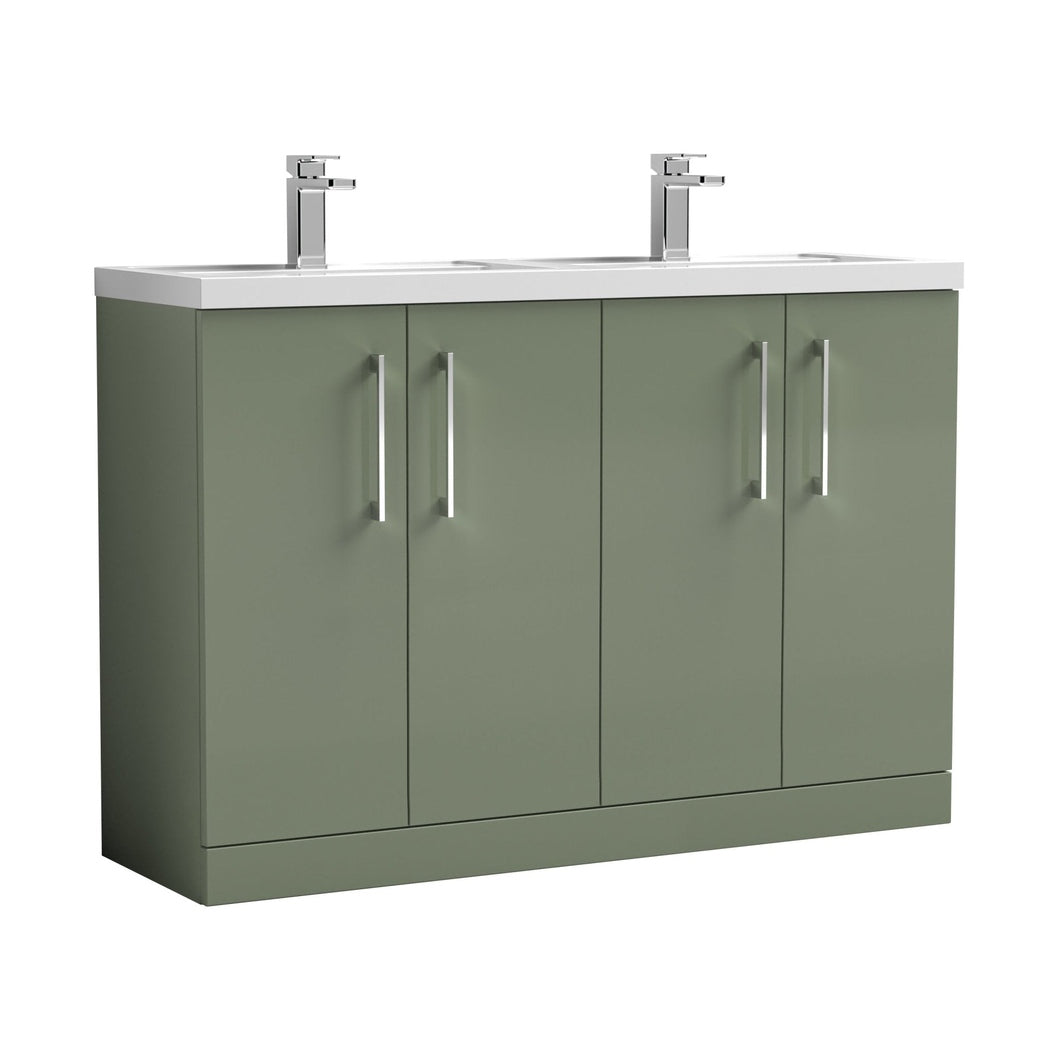 Nuie Arno 1200mm Floor Standing 4 Door Vanity & Double Basin Contemporary Satin Green MFC Painted Matt 840x1205x383mm - ARN803C - JJ Building Materials