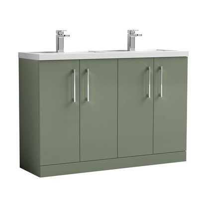 Nuie Arno 1200mm Floor Standing 4 Door Vanity & Double Basin Contemporary Satin Green MFC Painted Matt 840x1205x383mm - ARN803C - JJ Building Materials