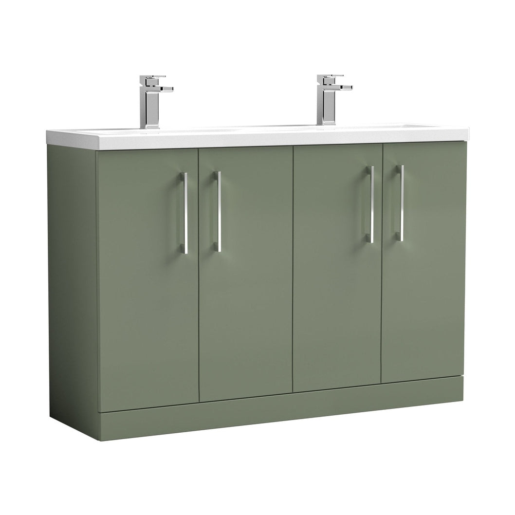 Nuie Arno 1200mm Floor Standing 4 Door Vanity & Double Basin Contemporary Satin Green MFC Painted Matt 840x1205x383mm - ARN803F - JJ Building Materials