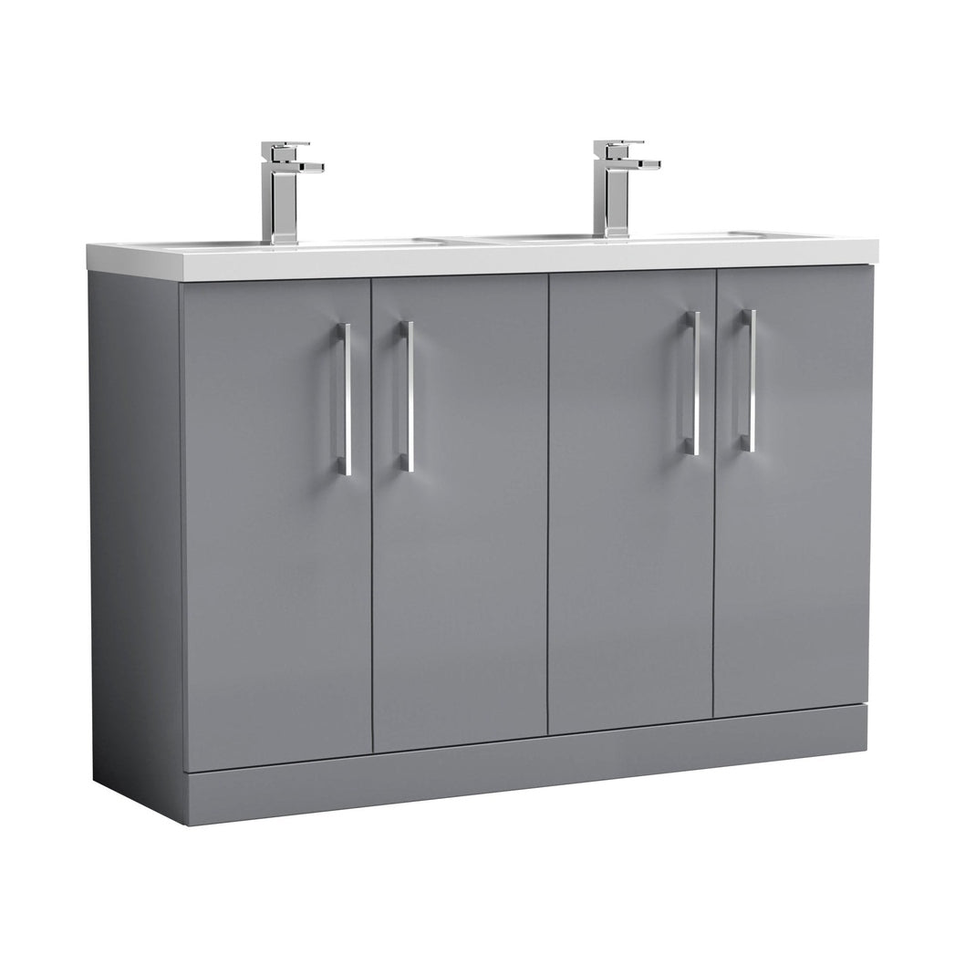 Nuie Arno 1200mm Floor Standing 4 Door Vanity & Double Basin Contemporary Satin Grey MFC Painted Matt 840x1205x383mm - ARN2203C - JJ Building Materials