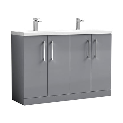 Nuie Arno 1200mm Floor Standing 4 Door Vanity & Double Basin Contemporary Satin Grey MFC Painted Matt 840x1205x383mm - ARN2203F - JJ Building Materials