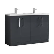 Nuie Arno 1200mm Floor Standing 4 Door Vanity & Double Basin Contemporary Soft Black MFC Painted Matt 840x1205x383mm - ARN1403C - JJ Building Materials