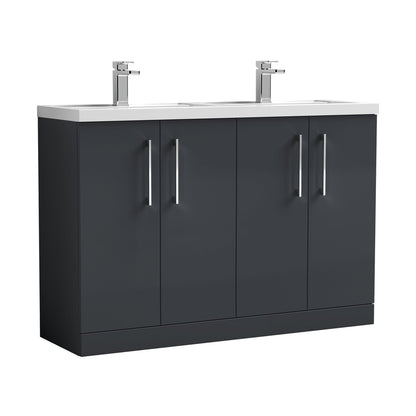 Nuie Arno 1200mm Floor Standing 4 Door Vanity & Double Basin Contemporary Soft Black MFC Painted Matt 840x1205x383mm - ARN1403C - JJ Building Materials