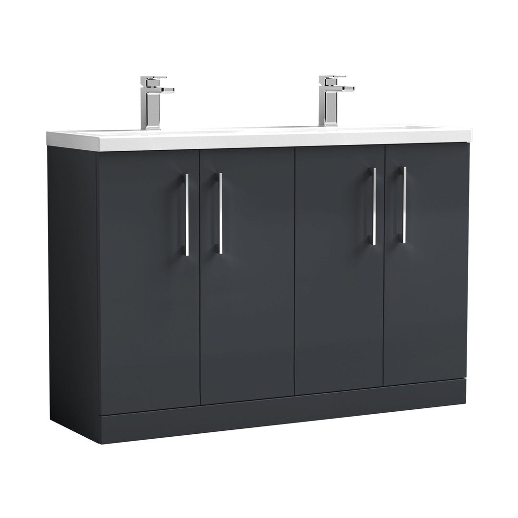 Nuie Arno 1200mm Floor Standing 4 Door Vanity & Double Basin Contemporary Soft Black MFC Painted Matt 840x1205x383mm - ARN1403F - JJ Building Materials