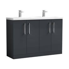 Nuie Arno 1200mm Floor Standing 4 Door Vanity & Double Basin Contemporary Soft Black MFC Painted Matt 840x1205x383mm - ARN1403F - JJ Building Materials