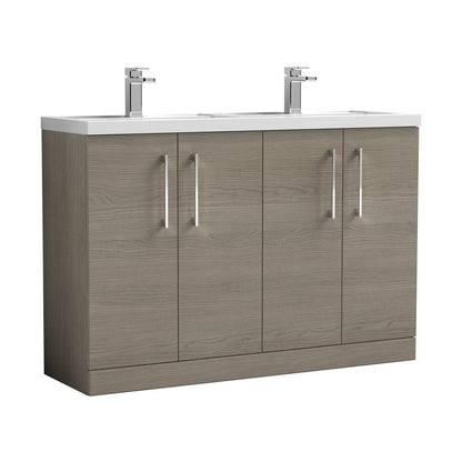 Nuie Arno 1200mm Floor Standing 4 Door Vanity & Double Basin Contemporary Solace Oak MFC Textured Woodgrain 840x1205x383mm - ARN2503C - JJ Building Materials