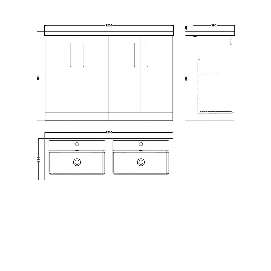 Nuie Arno 1200mm Floor Standing 4 Door Vanity & Double Basin Contemporary Solace Oak MFC Textured Woodgrain 840x1205x383mm - ARN2503C - JJ Building Materials