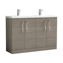 Nuie Arno 1200mm Floor Standing 4 Door Vanity & Double Basin Contemporary Solace Oak MFC Textured Woodgrain 840x1205x383mm - ARN2503F - JJ Building Materials