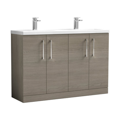 Nuie Arno 1200mm Floor Standing 4 Door Vanity & Double Basin Contemporary Solace Oak MFC Textured Woodgrain 840x1205x383mm - ARN2503F - JJ Building Materials