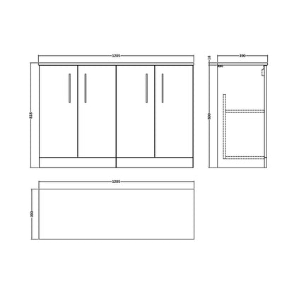 Nuie Arno 1200mm Floor Standing 4 Door Vanity & Worktop Contemporary Soft Black MFC Painted Matt 818x1205x390mm - JJ Building Materials