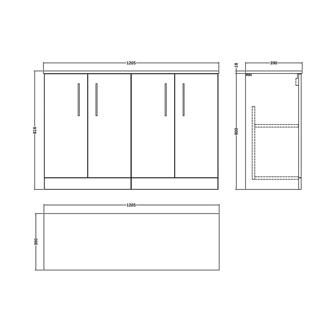 Nuie Arno 1200mm Floor Standing 4 Door Vanity & Worktop Contemporary Solace Oak MFC Textured Woodgrain 818x1205x390mm - JJ Building Materials