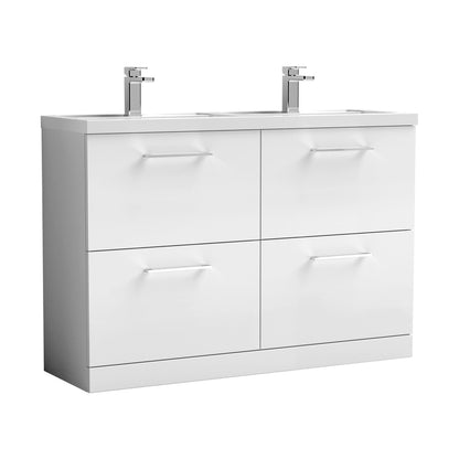 Nuie Arno 1200mm Floor Standing 4 Drawer Vanity & Double Basin 1 Contemporary Gloss White MFC Painted Gloss 840x1205x383mm - JJ Building Materials