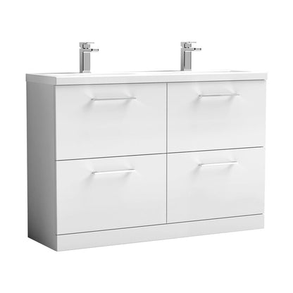 Nuie Arno 1200mm Floor Standing 4 Drawer Vanity & Double Basin 2 Contemporary Gloss White MFC Painted Gloss 840x1205x383mm - JJ Building Materials