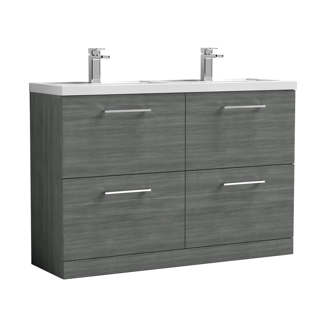 Nuie Arno 1200mm Floor Standing 4 Drawer Vanity & Double Basin Contemporary Anthracite Woodgrain MFC Textured Woodgrain 840x1205x383mm - ARN533C - JJ Building Materials
