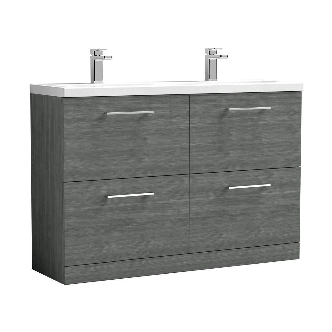 Nuie Arno 1200mm Floor Standing 4 Drawer Vanity & Double Basin Contemporary Anthracite Woodgrain MFC Textured Woodgrain 840x1205x383mm - ARN533F - JJ Building Materials