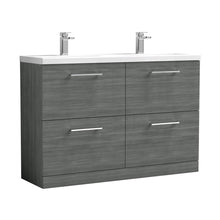 Nuie Arno 1200mm Floor Standing 4 Drawer Vanity & Double Basin Contemporary Anthracite Woodgrain MFC Textured Woodgrain 840x1205x383mm - ARN533F - JJ Building Materials