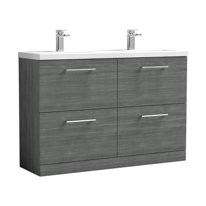 Nuie Arno 1200mm Floor Standing 4 Drawer Vanity & Double Basin Contemporary Anthracite Woodgrain MFC Textured Woodgrain 840x1205x383mm - ARN533F - JJ Building Materials