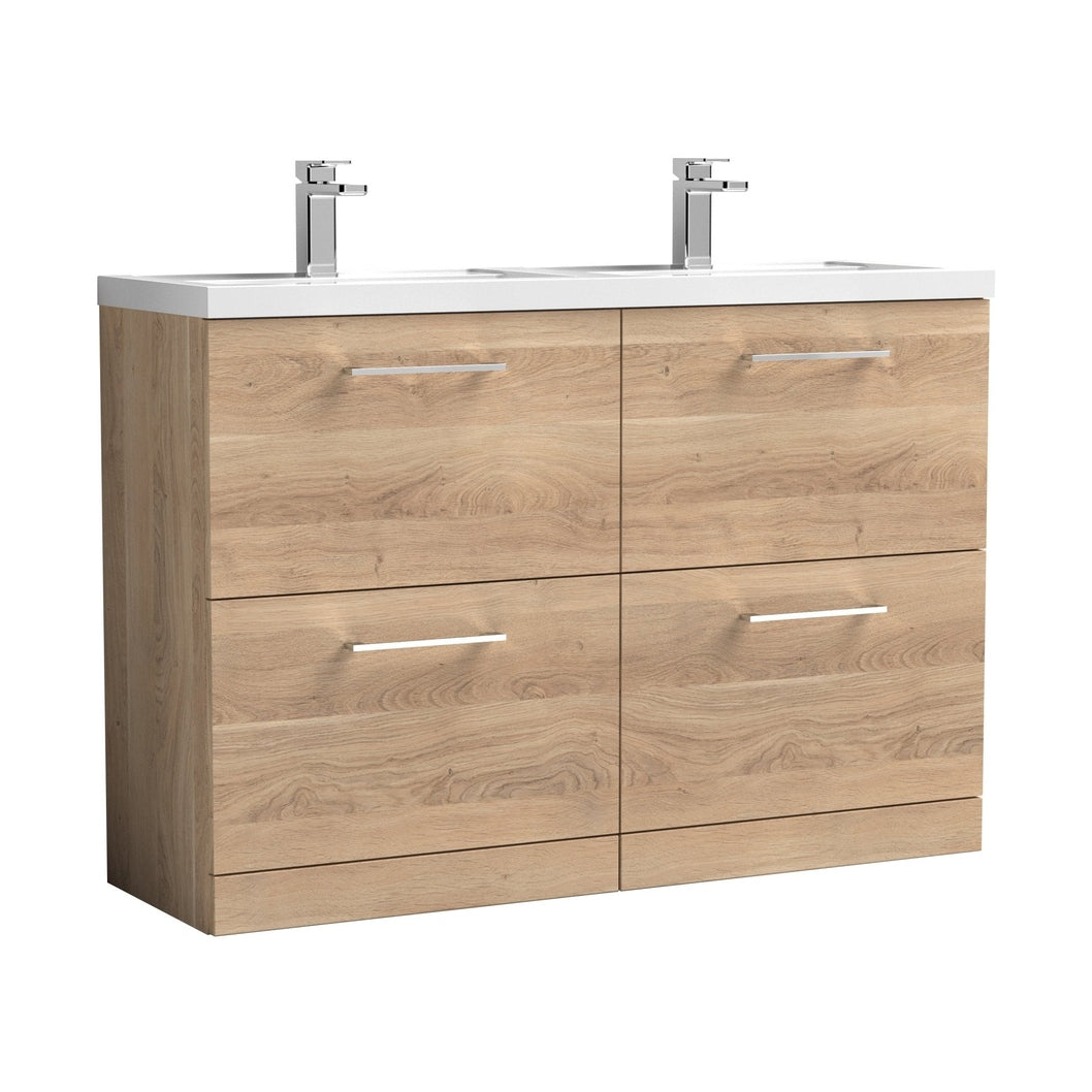 Nuie Arno 1200mm Floor Standing 4-drawer Vanity & Double Basin Contemporary Bleached Oak MFC Textured Woodgrain 840x1205x383mm - JJ Building Materials