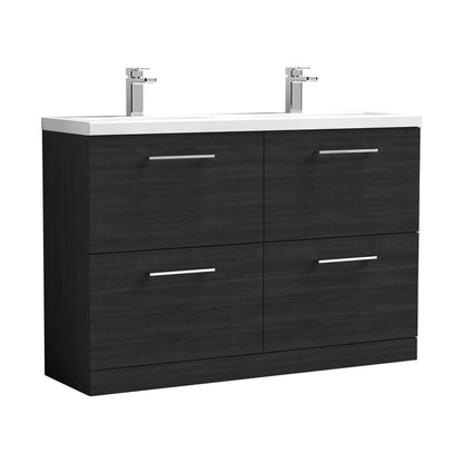 Nuie Arno 1200mm Floor Standing 4 Drawer Vanity & Double Basin Contemporary Charcoal Black MFC Textured Woodgrain 840x1205x383mm - ARN633F - JJ Building Materials