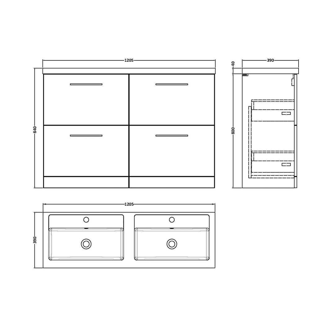 Nuie Arno 1200mm Floor Standing 4-drawer Vanity & Double Basin Contemporary Midnight Blue MFC Painted Matt 840x1205x383mm - ARN2933C - JJ Building Materials