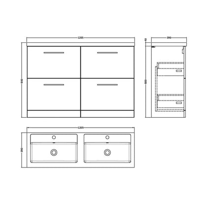 Nuie Arno 1200mm Floor Standing 4-drawer Vanity & Double Basin Contemporary Midnight Blue MFC Painted Matt 840x1205x383mm - ARN2933C - JJ Building Materials