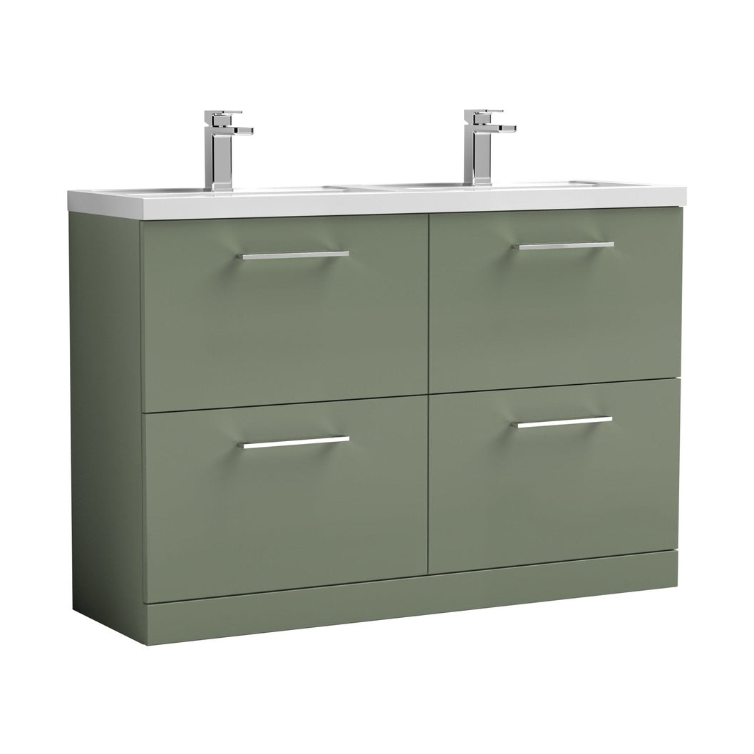 Nuie Arno 1200mm Floor Standing 4 Drawer Vanity & Double Basin Contemporary Satin Green MFC Painted Matt 840x1205x383mm - ARN833C - JJ Building Materials