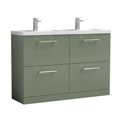 Nuie Arno 1200mm Floor Standing 4 Drawer Vanity & Double Basin Contemporary Satin Green MFC Painted Matt 840x1205x383mm - ARN833C - JJ Building Materials