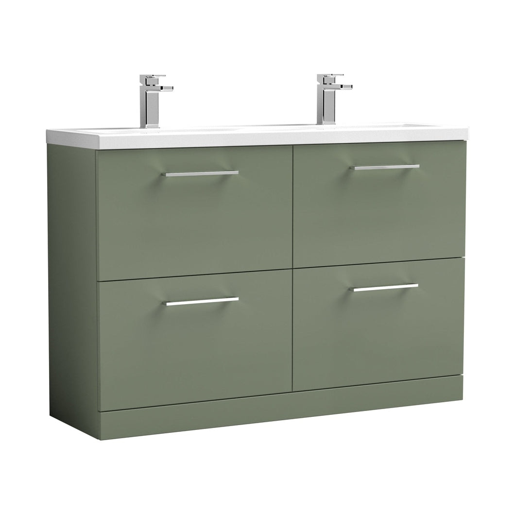 Nuie Arno 1200mm Floor Standing 4 Drawer Vanity & Double Basin Contemporary Satin Green MFC Painted Matt 840x1205x383mm - ARN833F - JJ Building Materials