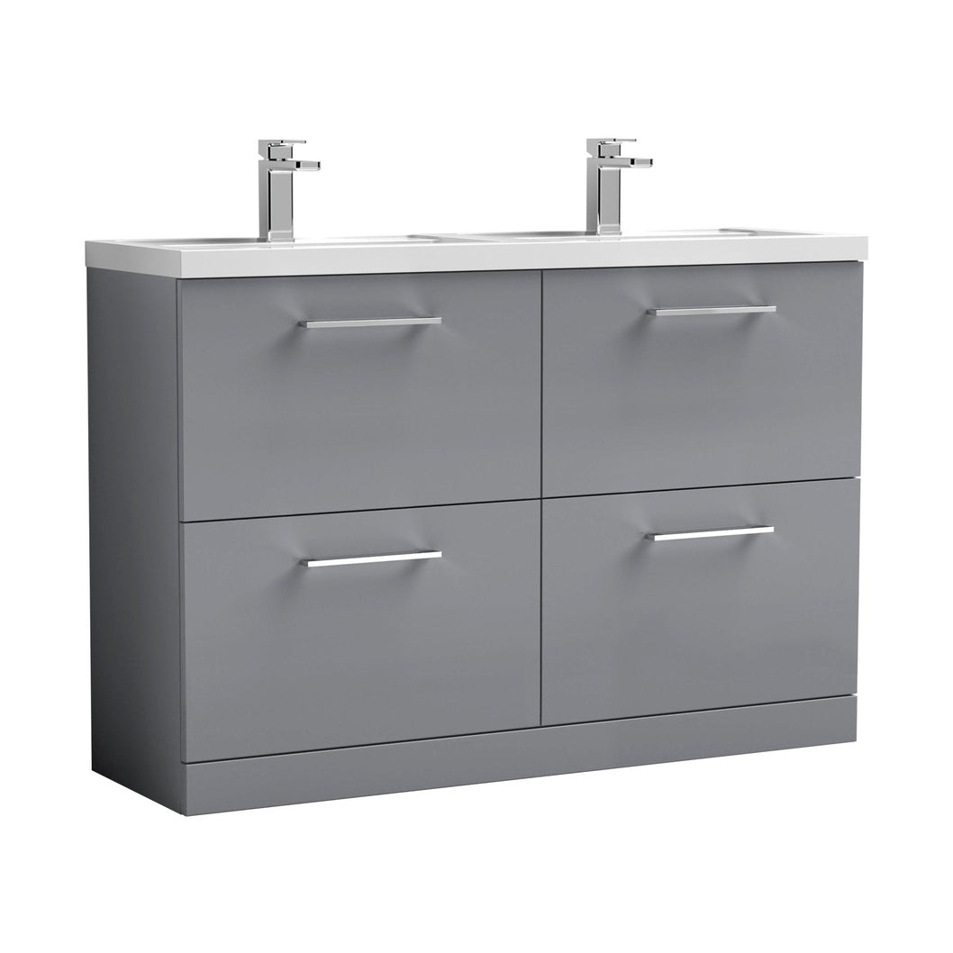 Nuie Arno 1200mm Floor Standing 4 Drawer Vanity & Double Basin Contemporary Satin Grey MFC Painted Matt 840x1205x383mm - ARN2233C - JJ Building Materials