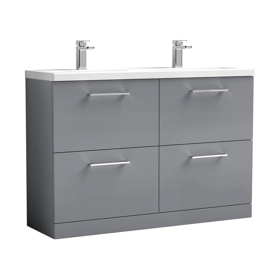 Nuie Arno 1200mm Floor Standing 4 Drawer Vanity & Double Basin Contemporary Satin Grey MFC Painted Matt 840x1205x383mm - ARN2233F - JJ Building Materials