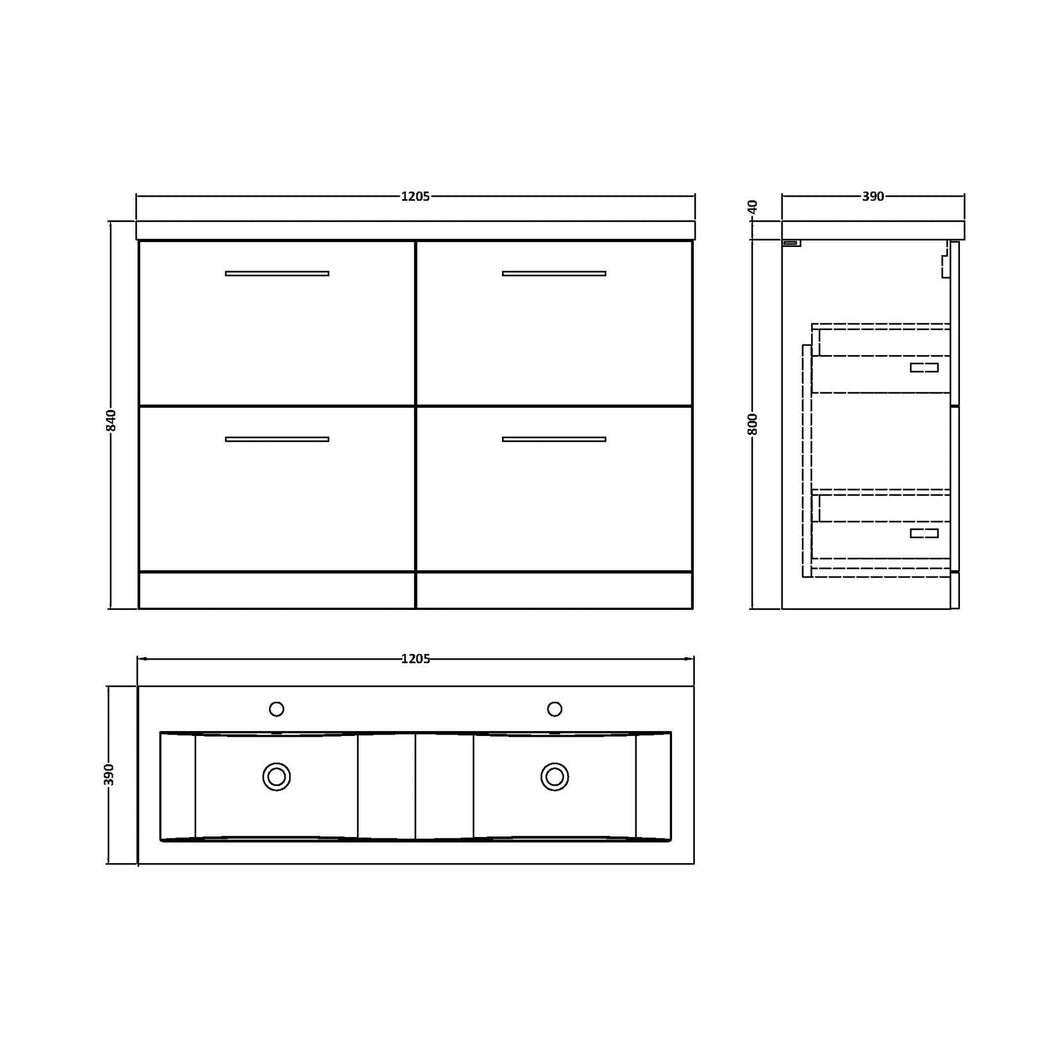Nuie Arno 1200mm Floor Standing 4 Drawer Vanity & Double Basin Contemporary Satin Grey MFC Painted Matt 840x1205x383mm - ARN2233F - JJ Building Materials