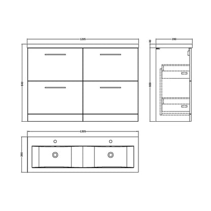 Nuie Arno 1200mm Floor Standing 4 Drawer Vanity & Double Basin Contemporary Satin Grey MFC Painted Matt 840x1205x383mm - ARN2233F - JJ Building Materials