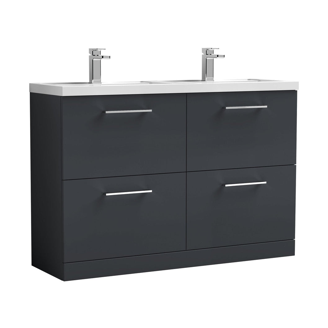 Nuie Arno 1200mm Floor Standing 4 Drawer Vanity & Double Basin Contemporary Soft Black MFC Painted Matt 840x1205x383mm - ARN1433C - JJ Building Materials