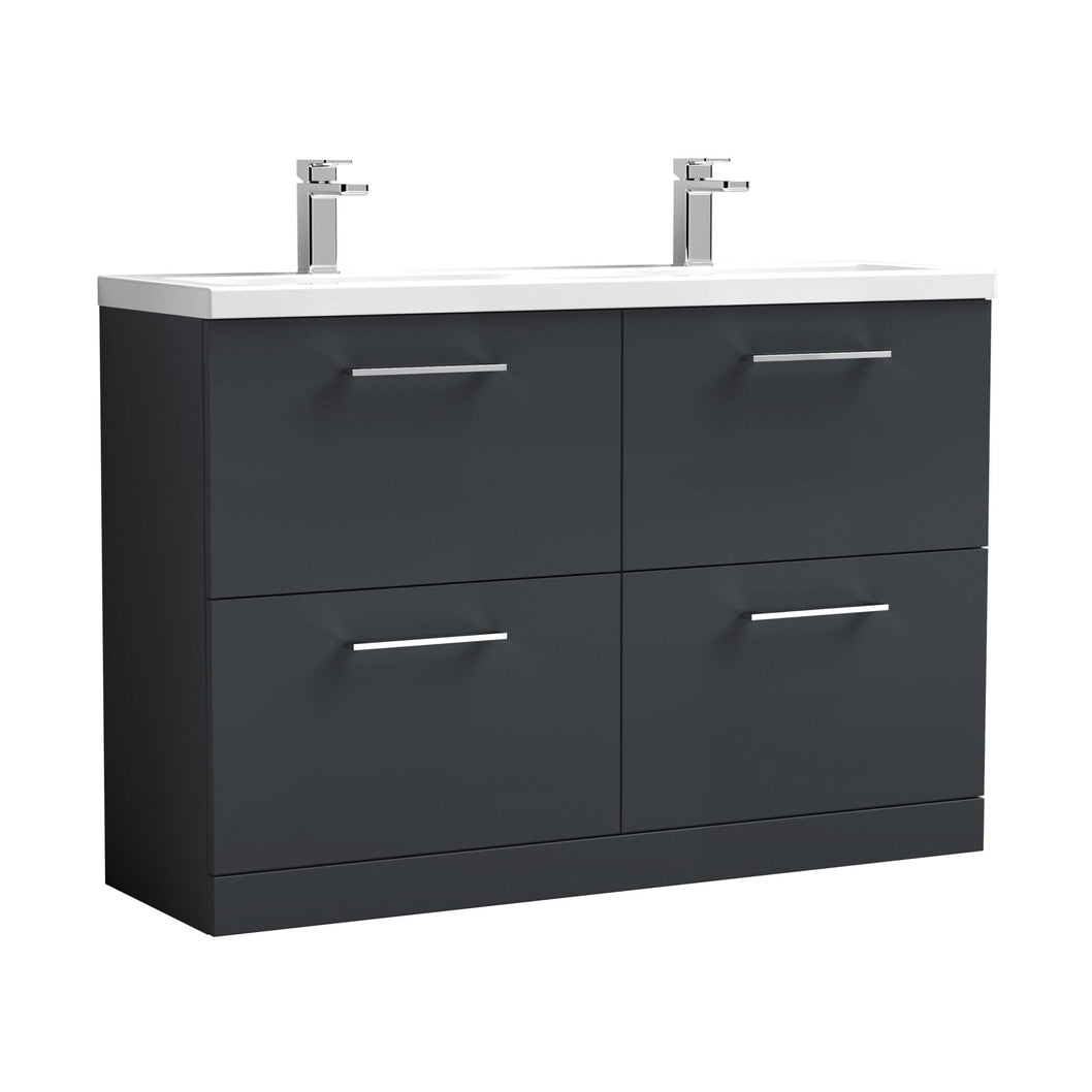 Nuie Arno 1200mm Floor Standing 4 Drawer Vanity & Double Basin Contemporary Soft Black MFC Painted Matt 840x1205x383mm - ARN1433F - JJ Building Materials