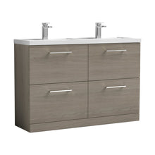 Nuie Arno 1200mm Floor Standing 4 Drawer Vanity & Double Basin Contemporary Solace Oak MFC Textured Woodgrain 840x1205x383mm - ARN2533C - JJ Building Materials