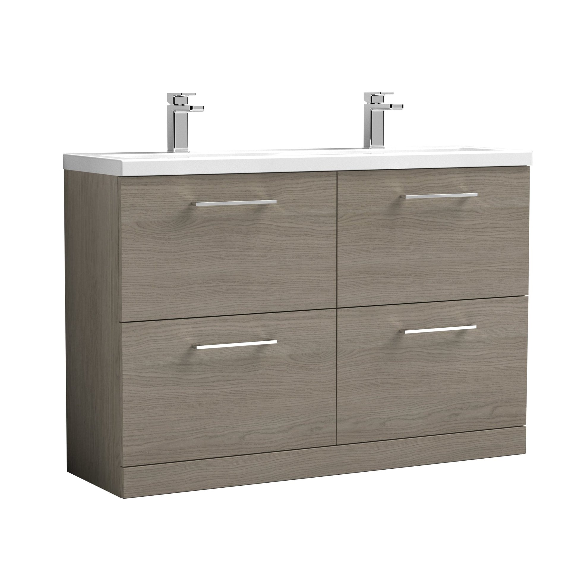 Nuie Arno 1200mm Floor Standing 4 Drawer Vanity & Double Basin Contemporary Solace Oak MFC Textured Woodgrain 840x1205x383mm - ARN2533F - JJ Building Materials