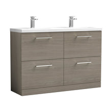 Nuie Arno 1200mm Floor Standing 4 Drawer Vanity & Double Basin Contemporary Solace Oak MFC Textured Woodgrain 840x1205x383mm - ARN2533F - JJ Building Materials