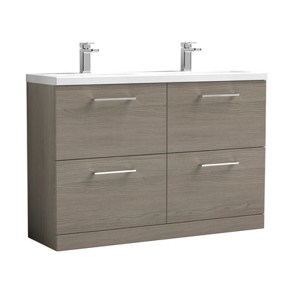 Nuie Arno 1200mm Floor Standing 4 Drawer Vanity & Double Basin Contemporary Solace Oak MFC Textured Woodgrain 840x1205x383mm - ARN2533F - JJ Building Materials